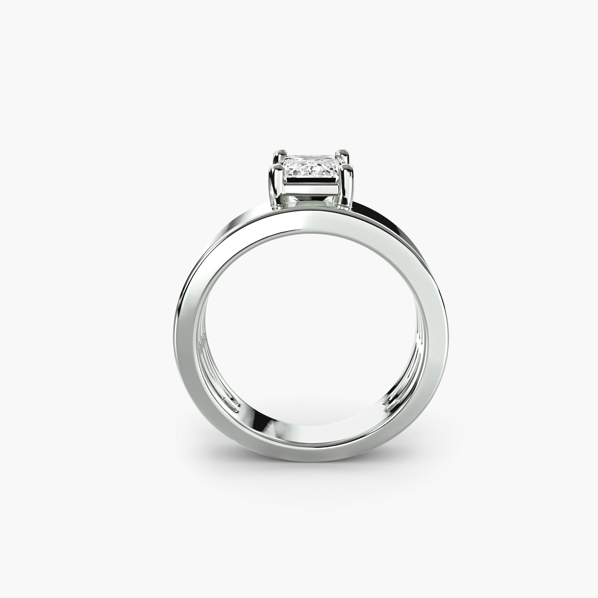 14K white gold wide crest solitaire engagement ring setting side view.