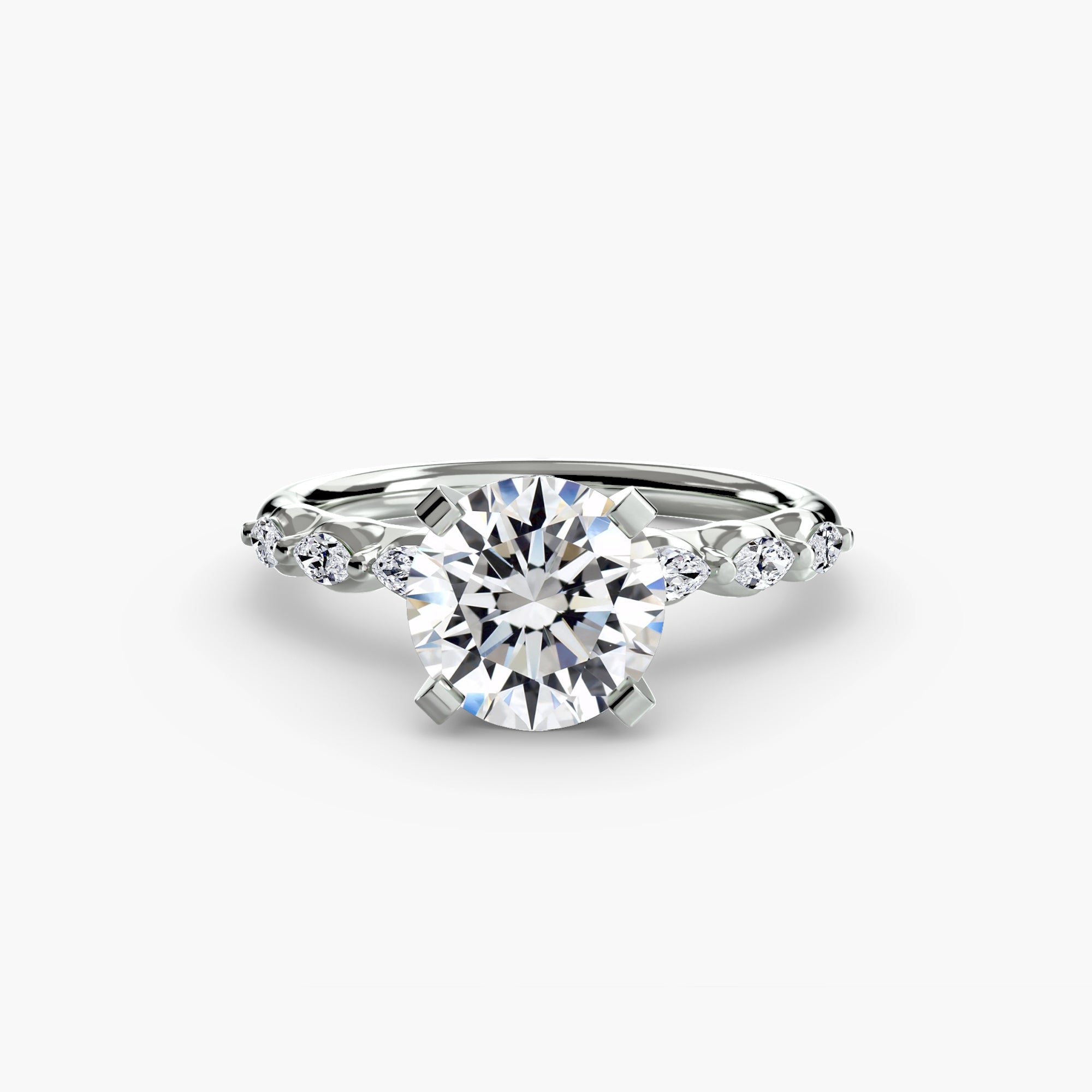 Jacob Mercari 14K White Gold Lab Grown Diamond Engagement Ring: Round Cut Centre Diamond on a petal sculpted diamond set band.