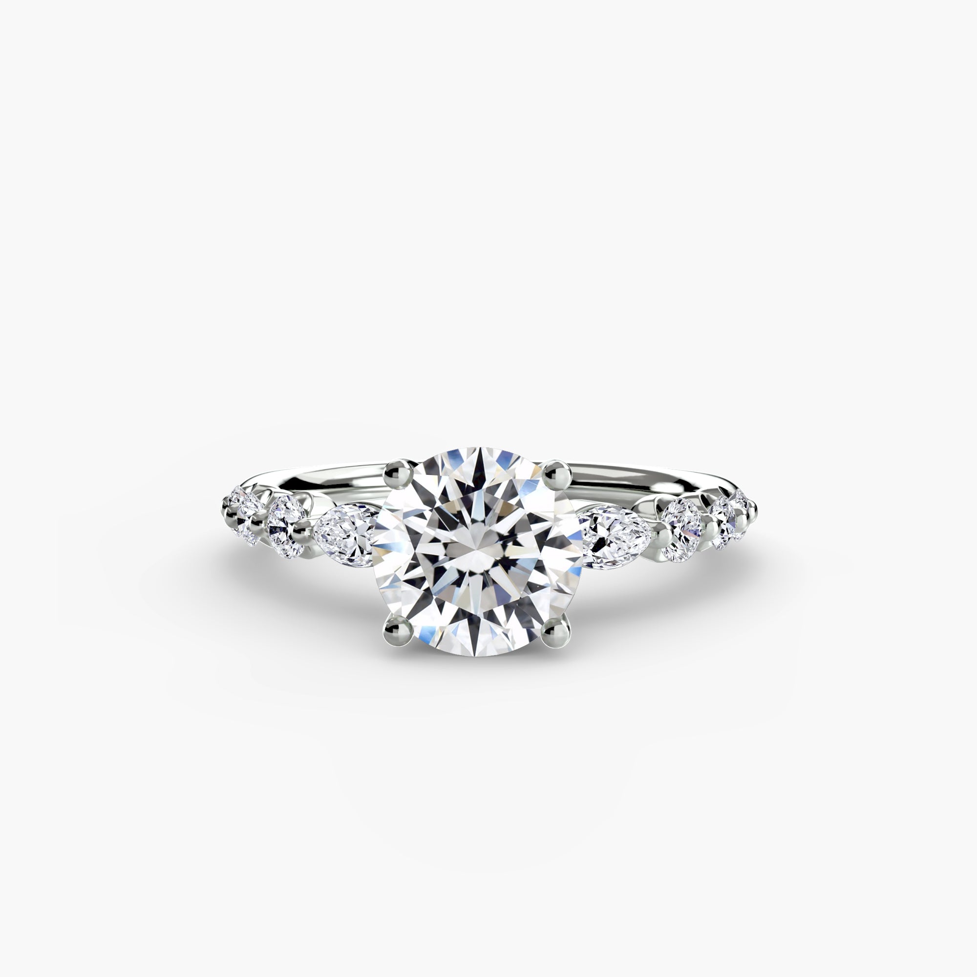 Jacob Mercari  14K White Gold Lab Grown Diamond Engagement Ring: Round Centre Diamond with Tiered Accent Diamonds.