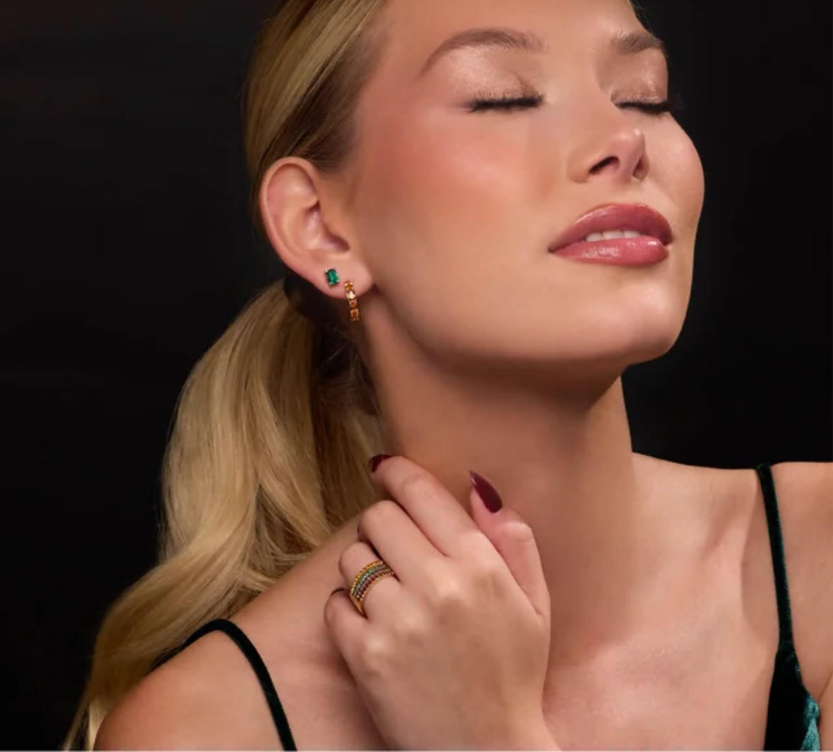 Jacob Mercari 14K Gold Natural Blue Sapphire Stackable Ring,. Model showing the rings.