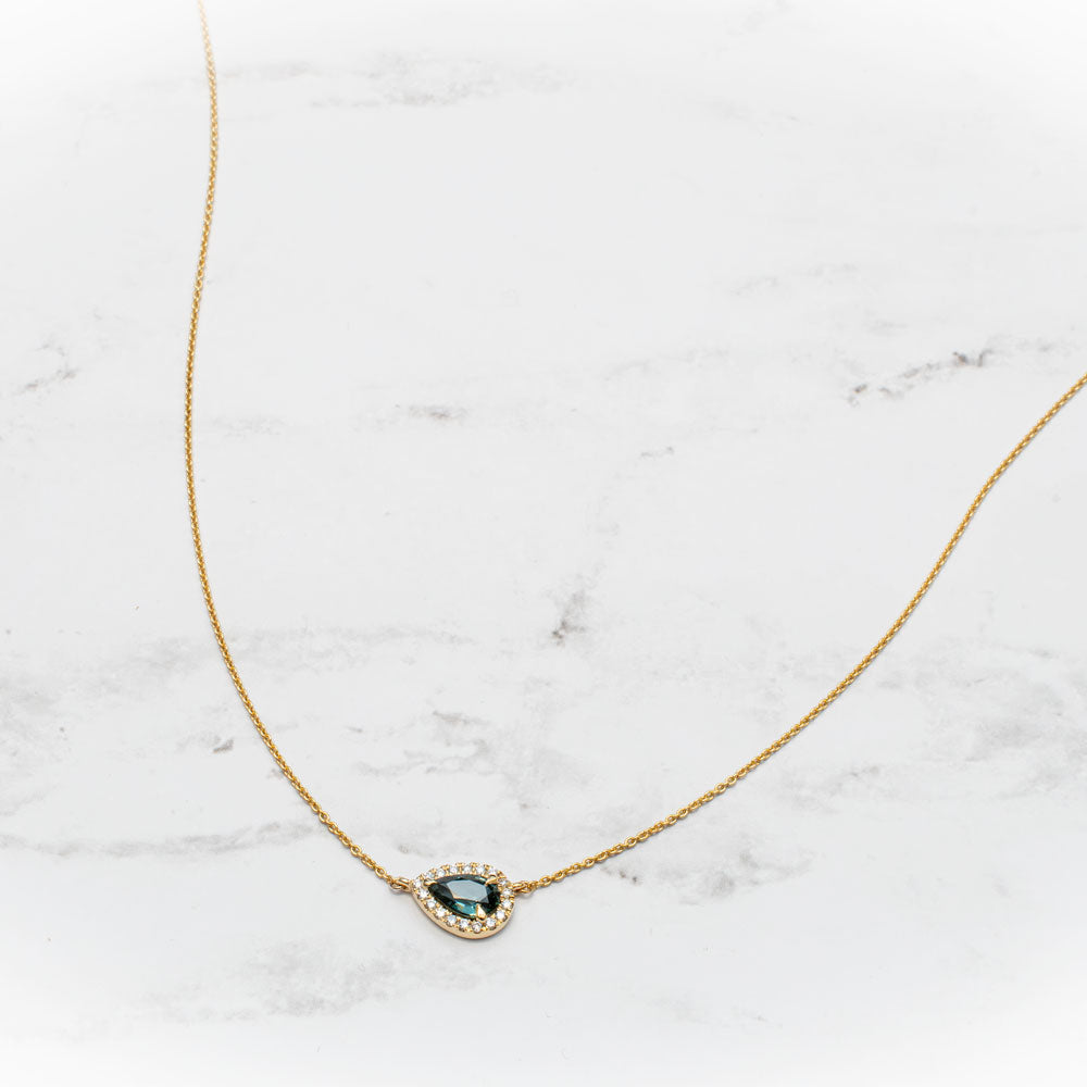 Jacob Mercari Teal Sapphire 0.79ct Pendant with Lab-Grown Diamond Halo in 14K Yellow gold